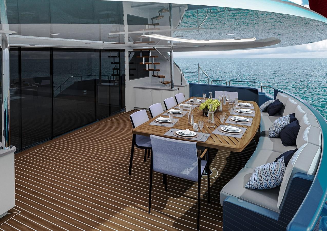 a table and chairs on a deck aboard STELLARCAT AL2502 Yacht for Sale