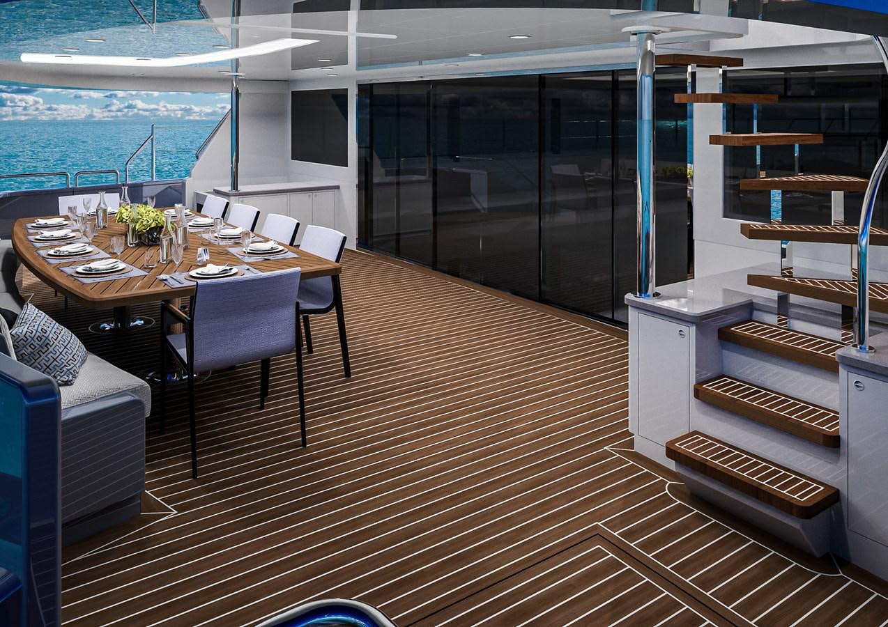 a room with a table and chairs aboard STELLARCAT AL2502 Yacht for Sale