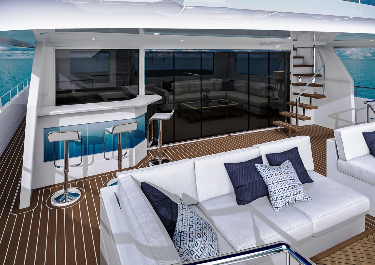 a large white lounge chair next to a large blue swimming pool aboard STELLARCAT AL2502 Yacht for Sale
