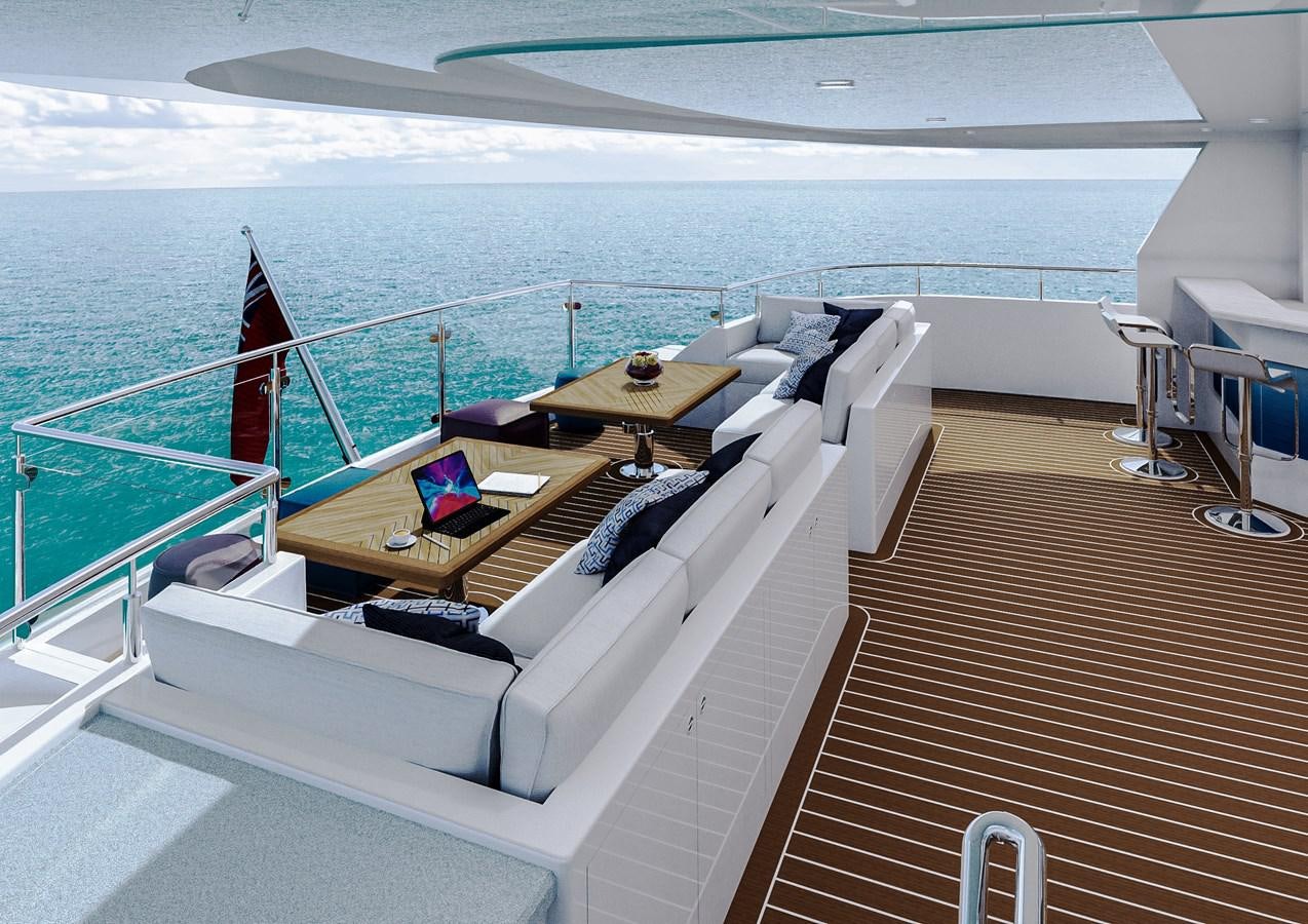 a deck with a large body of water and a beach aboard STELLARCAT AL2502 Yacht for Sale