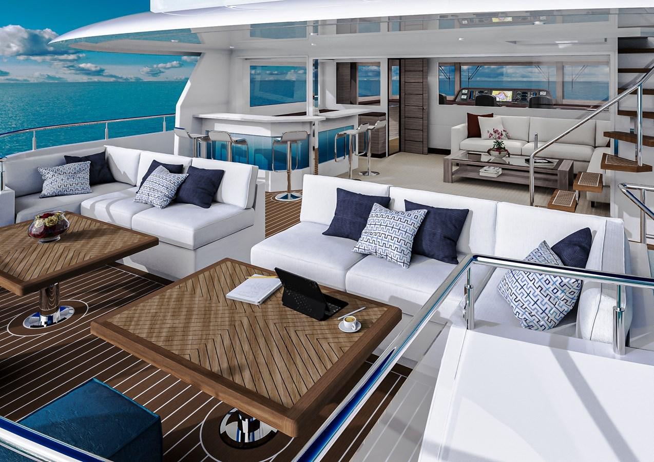 a living room with a large patio aboard STELLARCAT AL2502 Yacht for Sale
