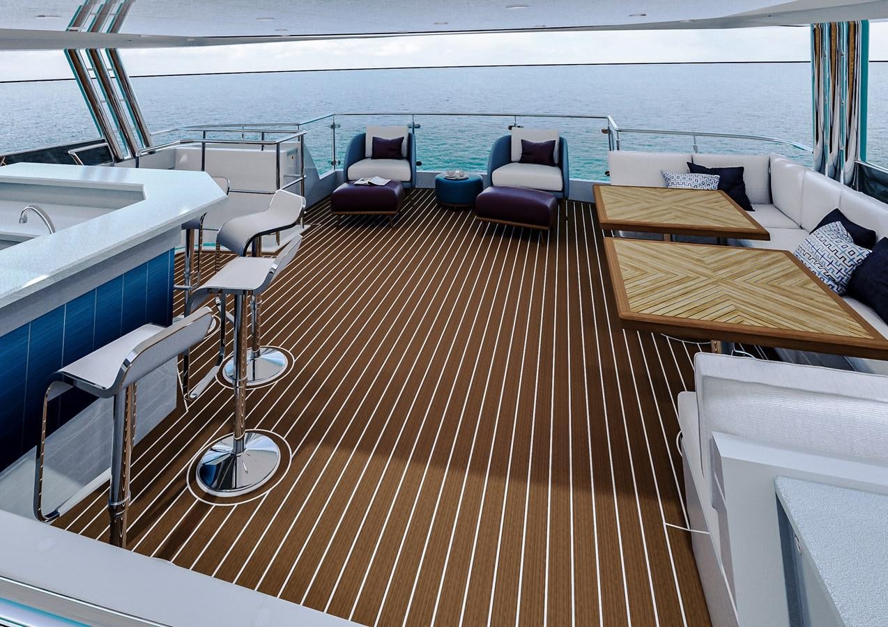 a deck with a view of the ocean aboard STELLARCAT AL2502 Yacht for Sale