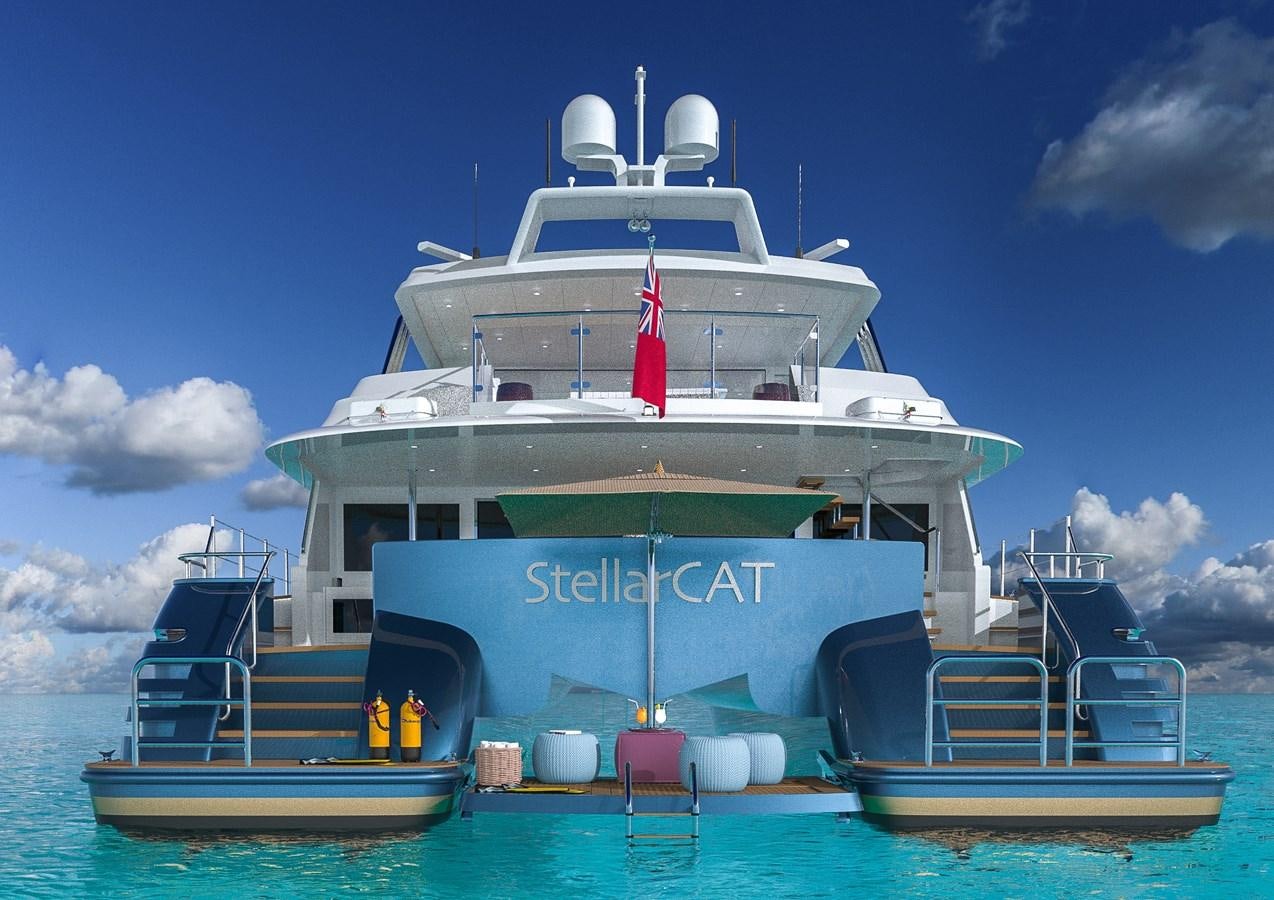 a large white boat with a red stripe on it aboard STELLARCAT AL2002 Yacht for Sale