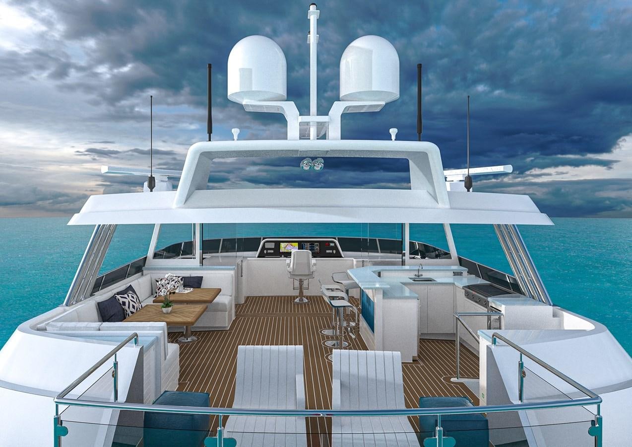 a large white boat with chairs on it aboard STELLARCAT AL2002 Yacht for Sale