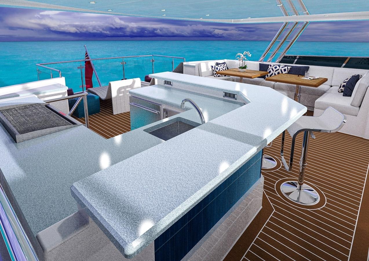 a deck with a view of the ocean and a boat aboard STELLARCAT AL2002 Yacht for Sale