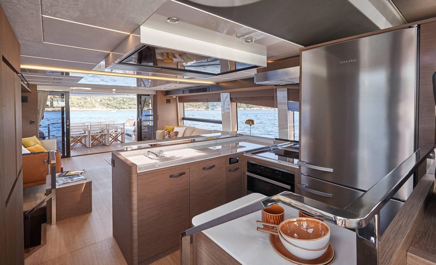 a kitchen with a large window aboard 2024 PRESTIGE X-LINE X70 Yacht for Sale