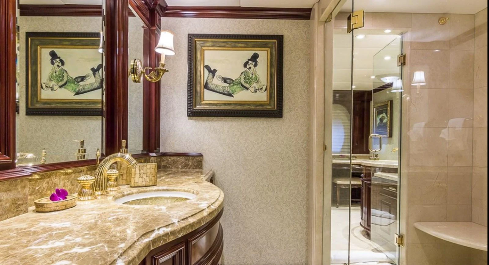 a bathroom with a sink and a mirror aboard TRUE LOVE Yacht for Sale