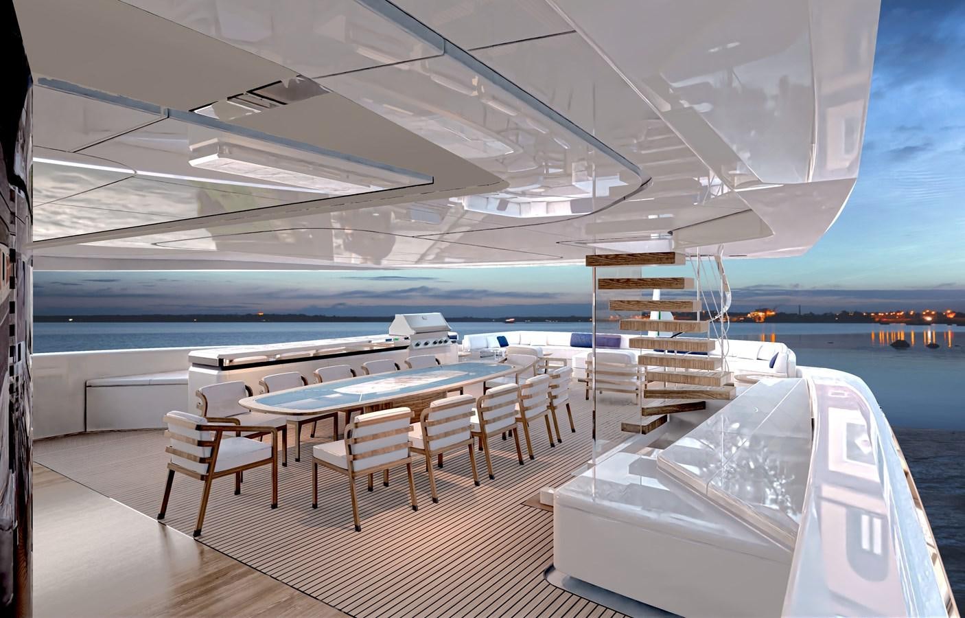 a room with a table chairs and a staircase aboard BAGLIETTO T52 HULL #04 Yacht for Sale