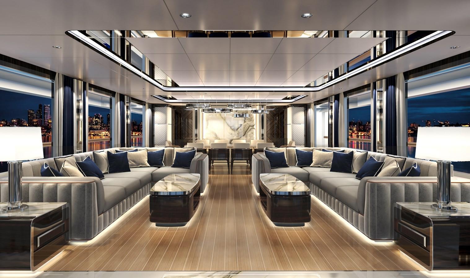 a living room with a large sofa aboard BAGLIETTO T52 HULL #04 Yacht for Sale