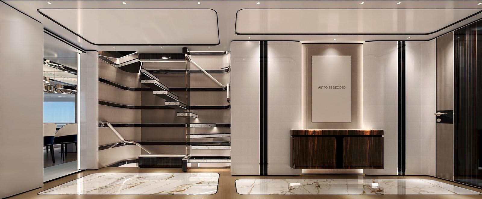 a room with a large glass display case and a white box with a white box on the shelves aboard BAGLIETTO T52 HULL #04 Yacht for Sale