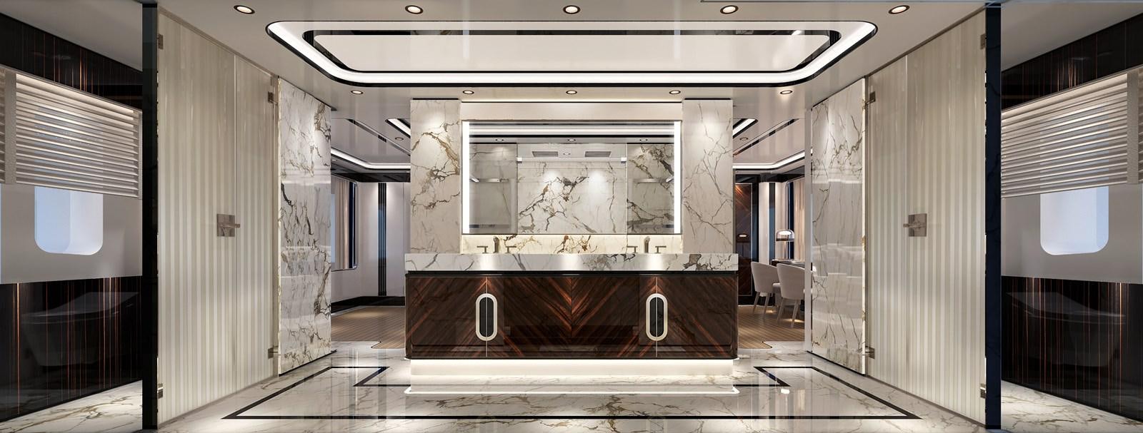 a large room with a fireplace aboard BAGLIETTO T52 HULL #04 Yacht for Sale