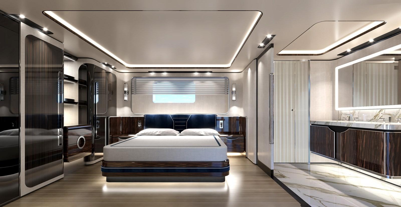 a room with a bed and a bench aboard BAGLIETTO T52 HULL #04 Yacht for Sale