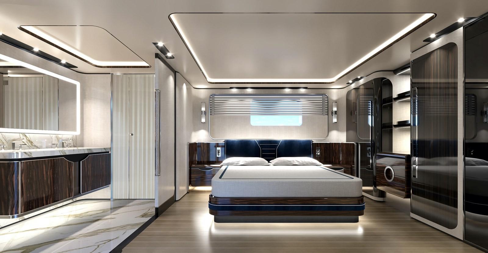 a room with a bed and a desk aboard BAGLIETTO T52 HULL #04 Yacht for Sale