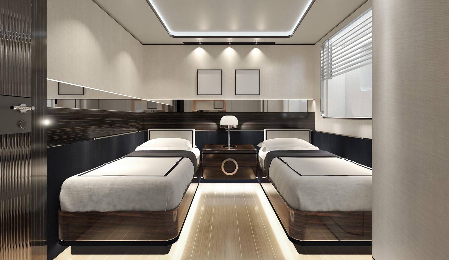 a room with a bed and a desk aboard BAGLIETTO T52 HULL #04 Yacht for Sale