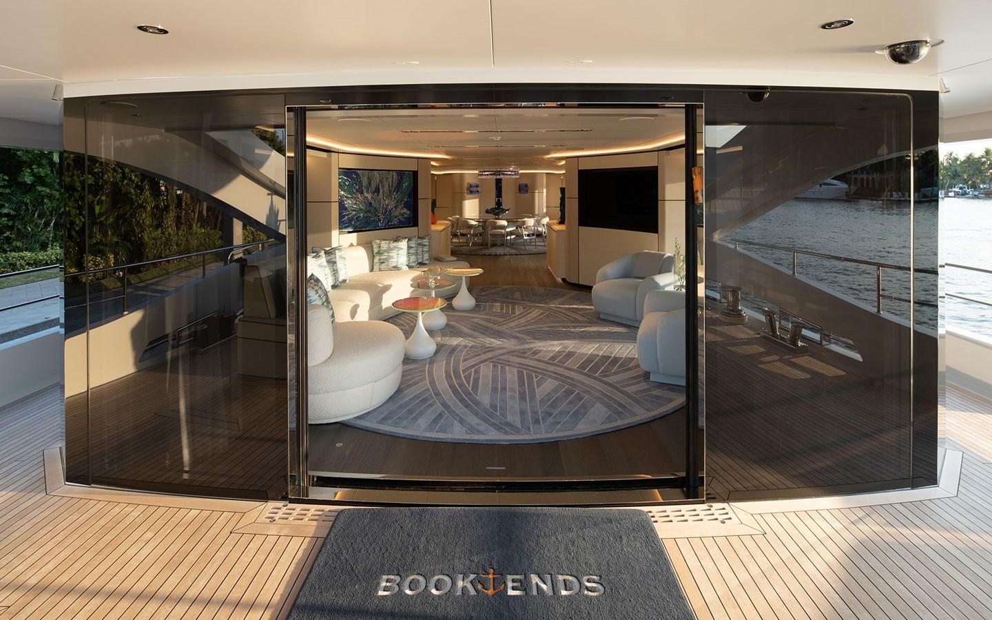 a modern looking living room aboard BOOK ENDS Yacht for Sale