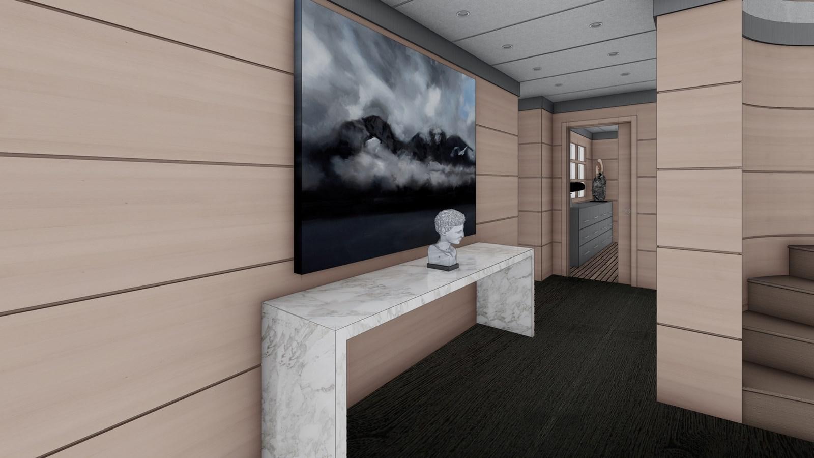 a room with a white shelf and a white wall with a black painting on it aboard SOFIA 3 Yacht for Sale