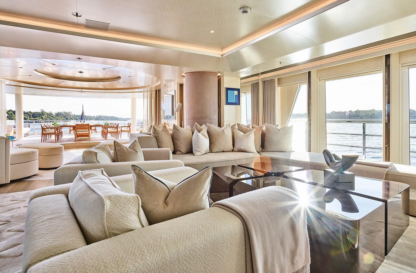 a living room with a large window aboard NEW SECRET Yacht for Sale