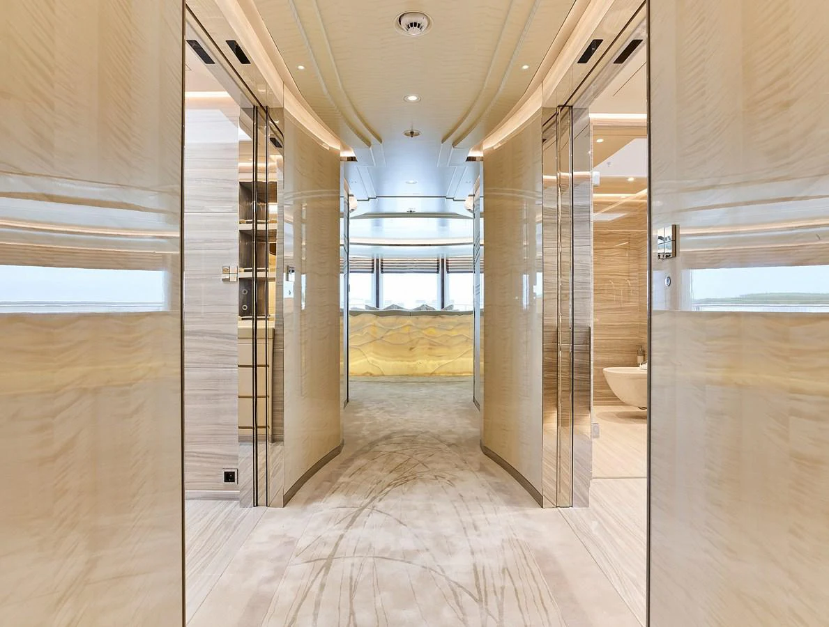 a bathroom with a large glass shower aboard NEW SECRET Yacht for Sale