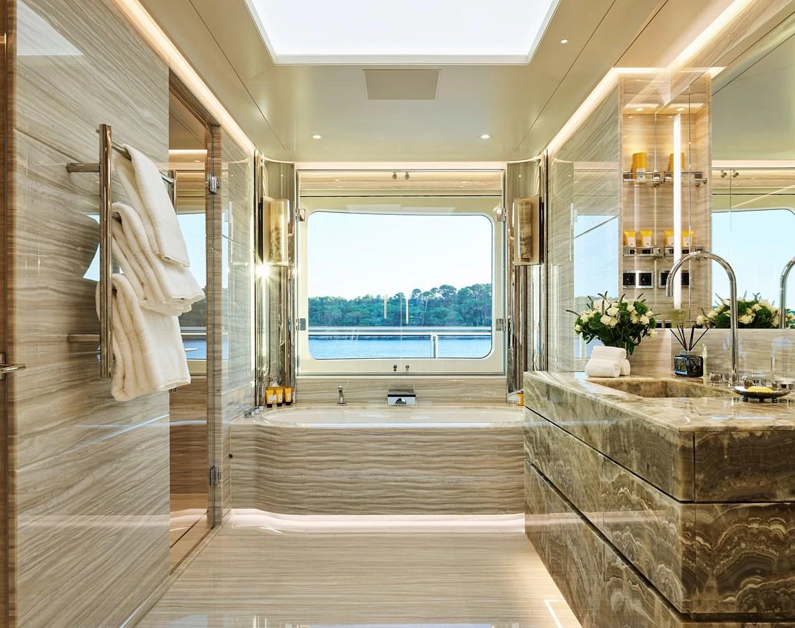 a bathroom with a large window aboard NEW SECRET Yacht for Sale