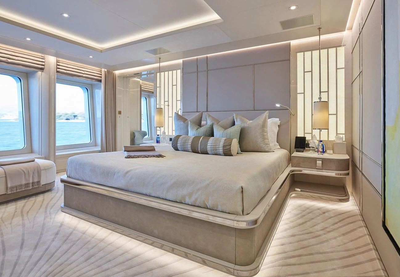 a large bed in a room aboard NEW SECRET Yacht for Sale