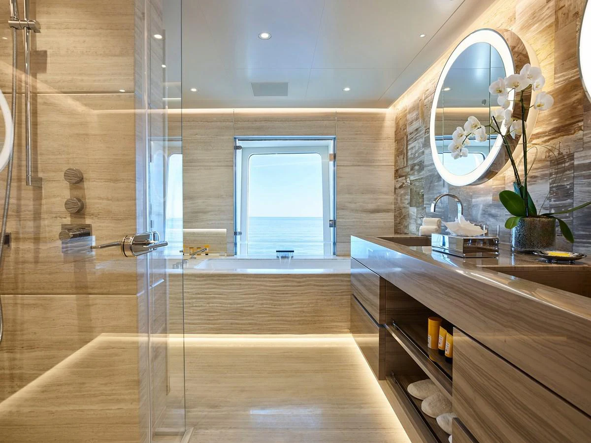 a bathroom with a large mirror aboard NEW SECRET Yacht for Sale