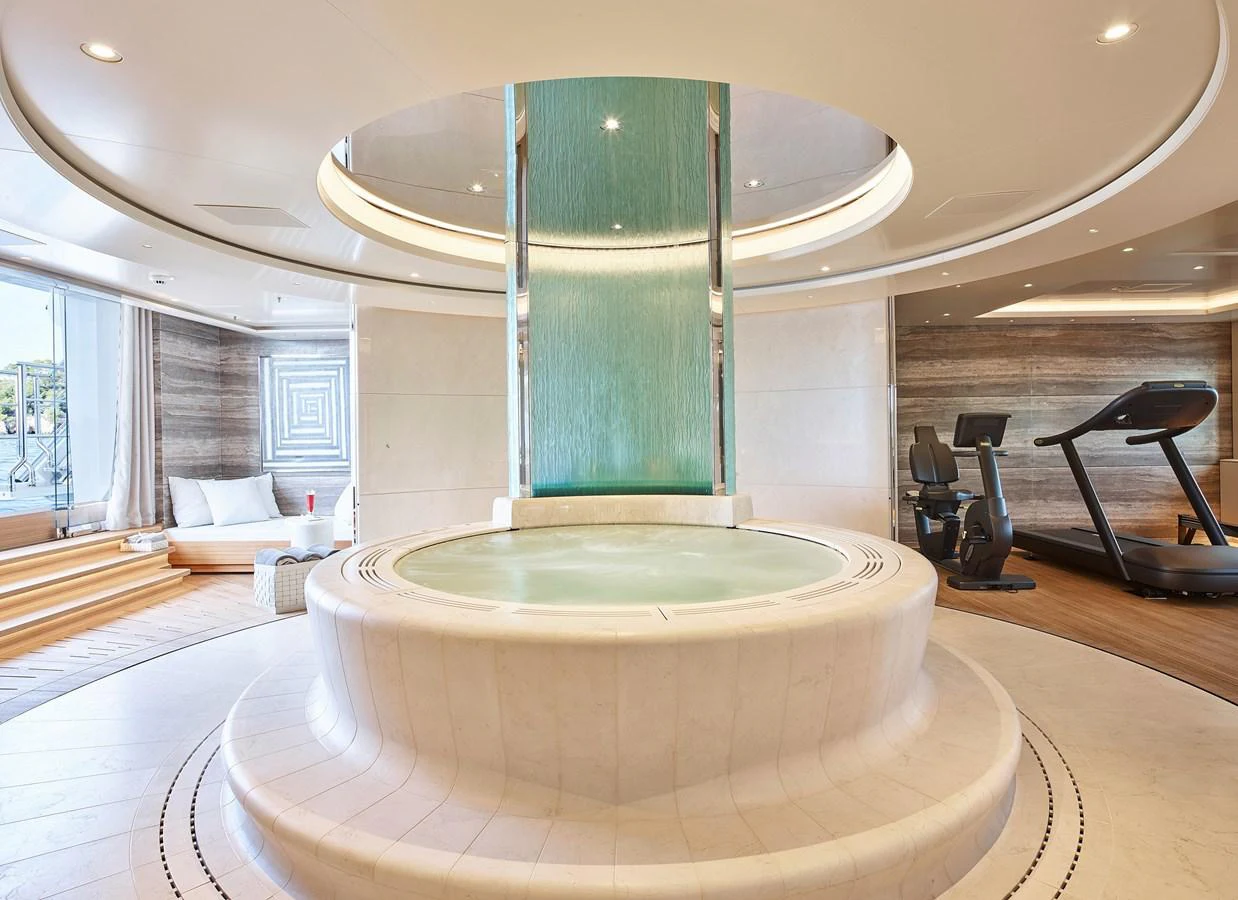 a large indoor water fountain aboard NEW SECRET Yacht for Sale
