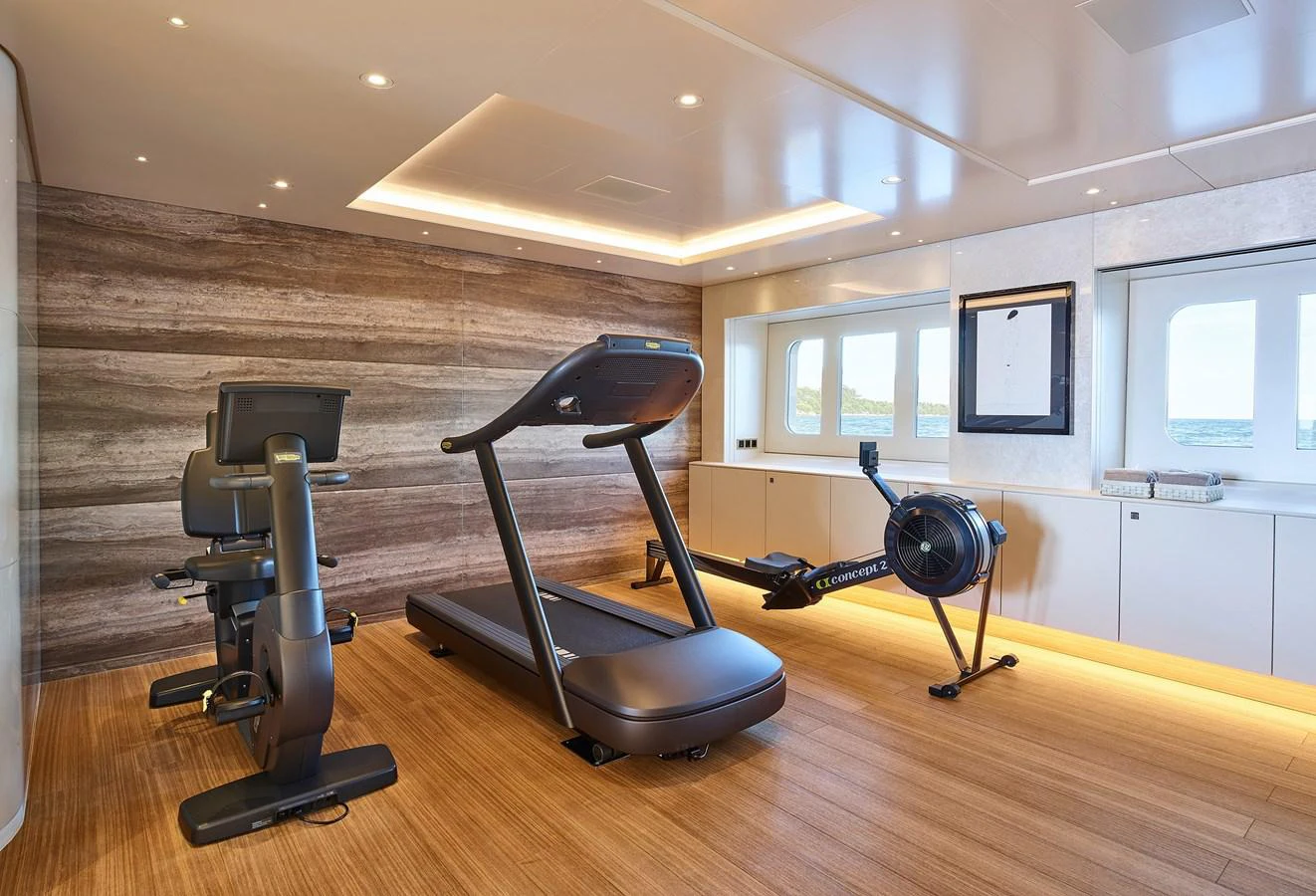a gym with exercise equipment aboard NEW SECRET Yacht for Sale