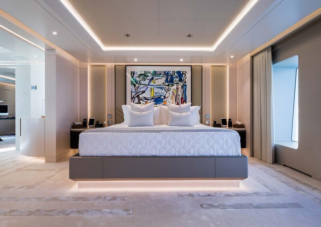 a large bed in a room aboard STELLA MI Yacht for Sale