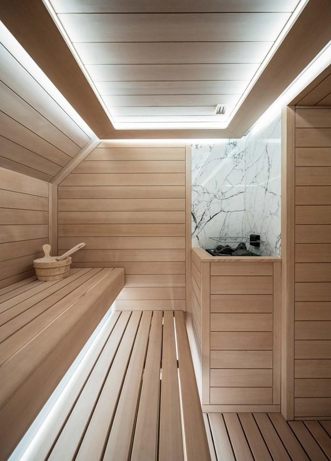 a wooden room with wood floors aboard STELLA MI Yacht for Sale