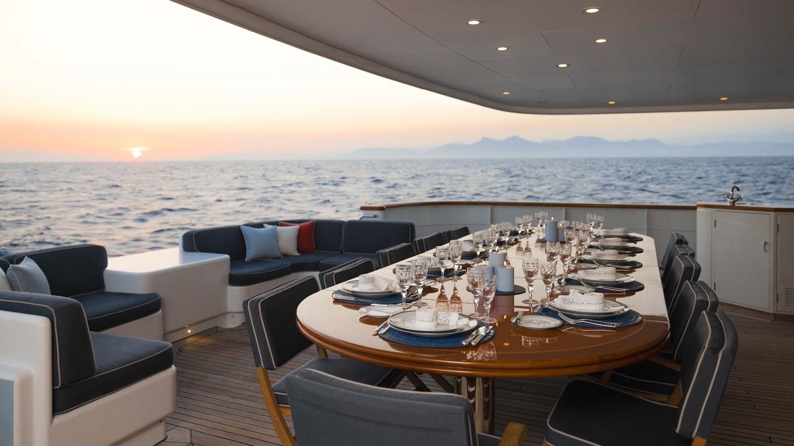 a large table with plates and chairs on it aboard OLYMPUS Yacht for Sale