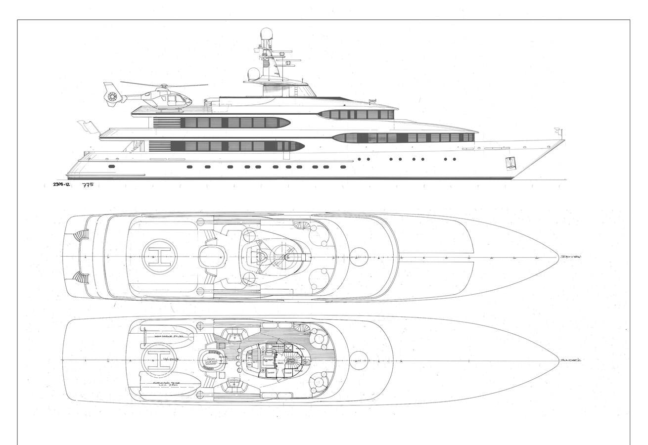 diagram, engineering drawing aboard OLYMPUS Yacht for Sale