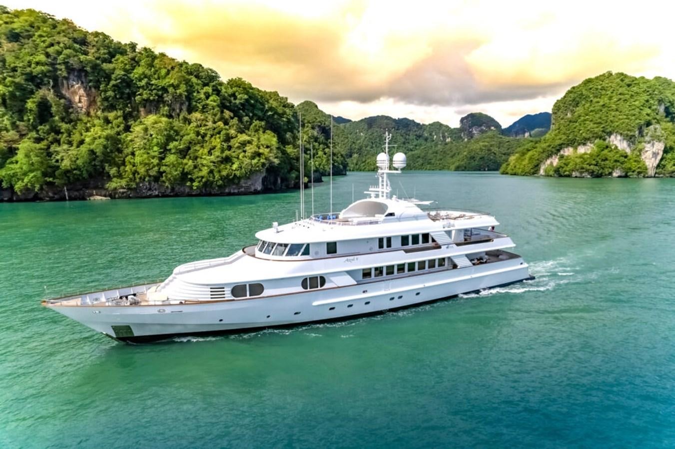 a white yacht in the water aboard AZUL V Yacht for Sale