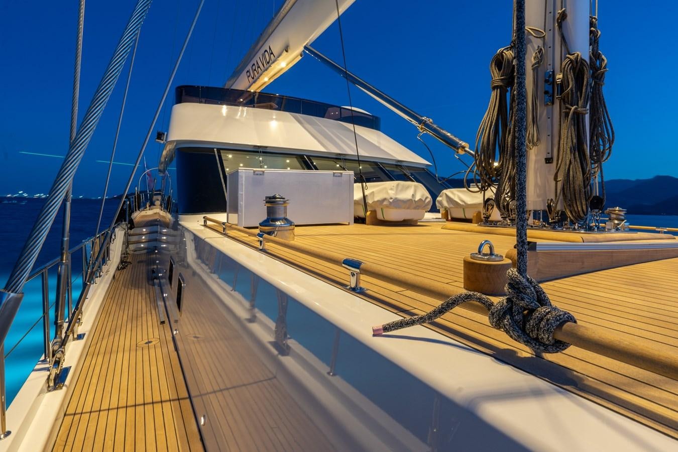 a ship docked at a port aboard PURA-VIDA Yacht for Sale