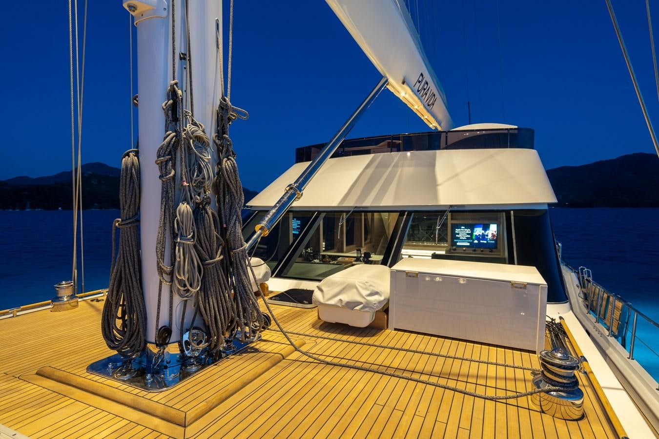 a boat on a deck aboard PURA-VIDA Yacht for Sale