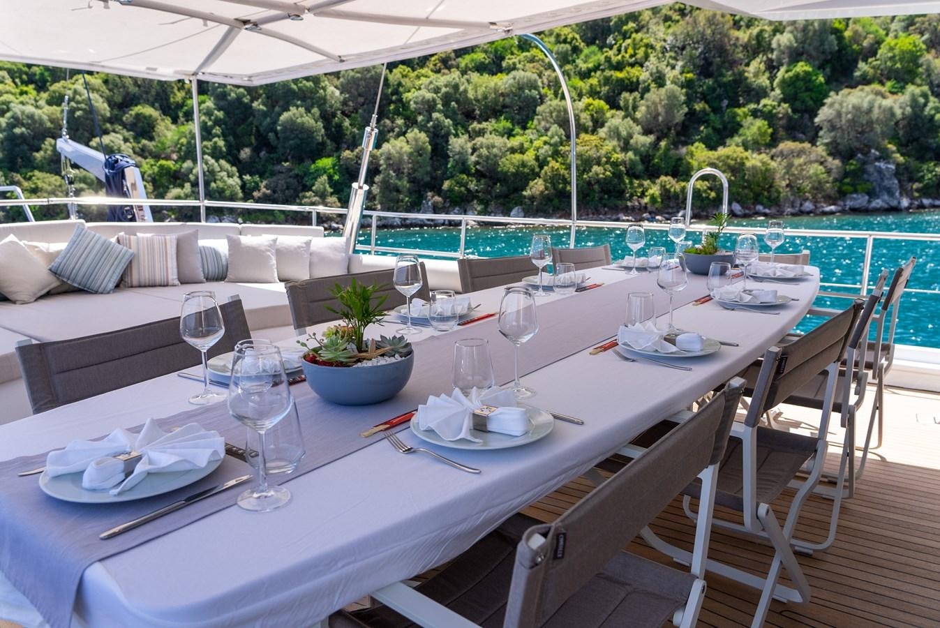 a table set for a meal aboard PURA-VIDA Yacht for Sale