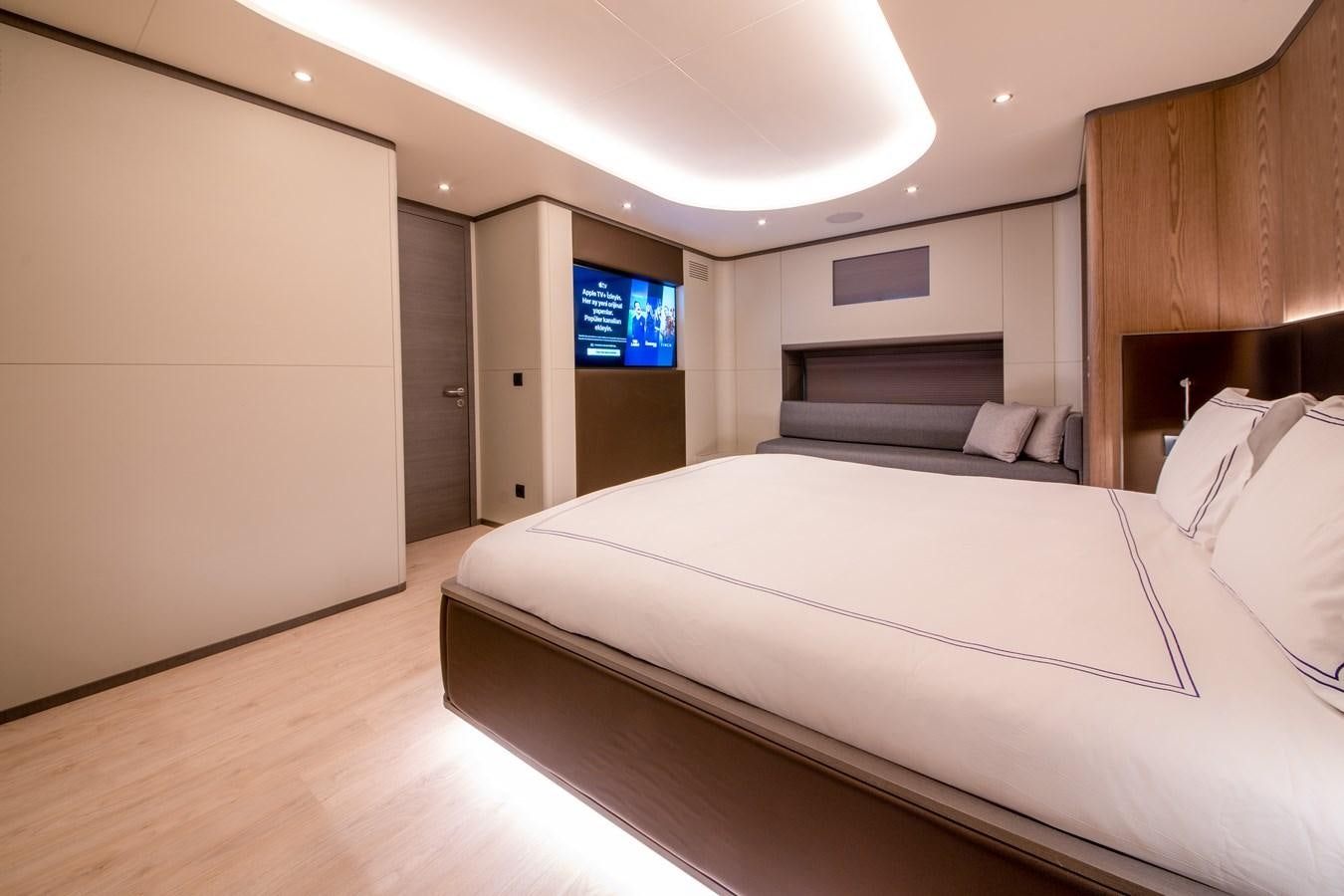 a bed in a room aboard PURA-VIDA Yacht for Sale