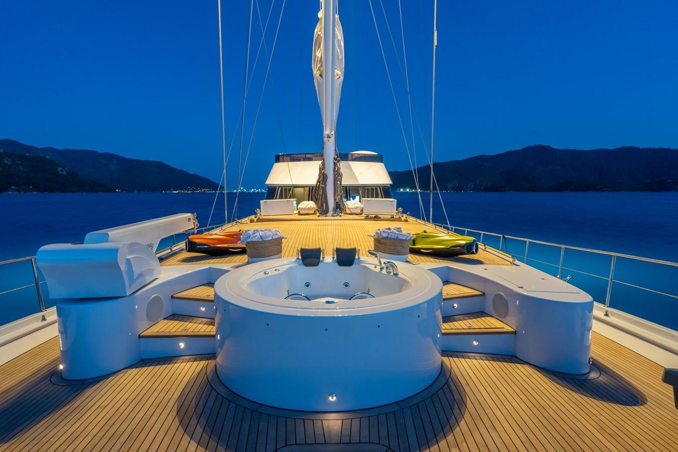a boat on a deck aboard PURA-VIDA Yacht for Sale