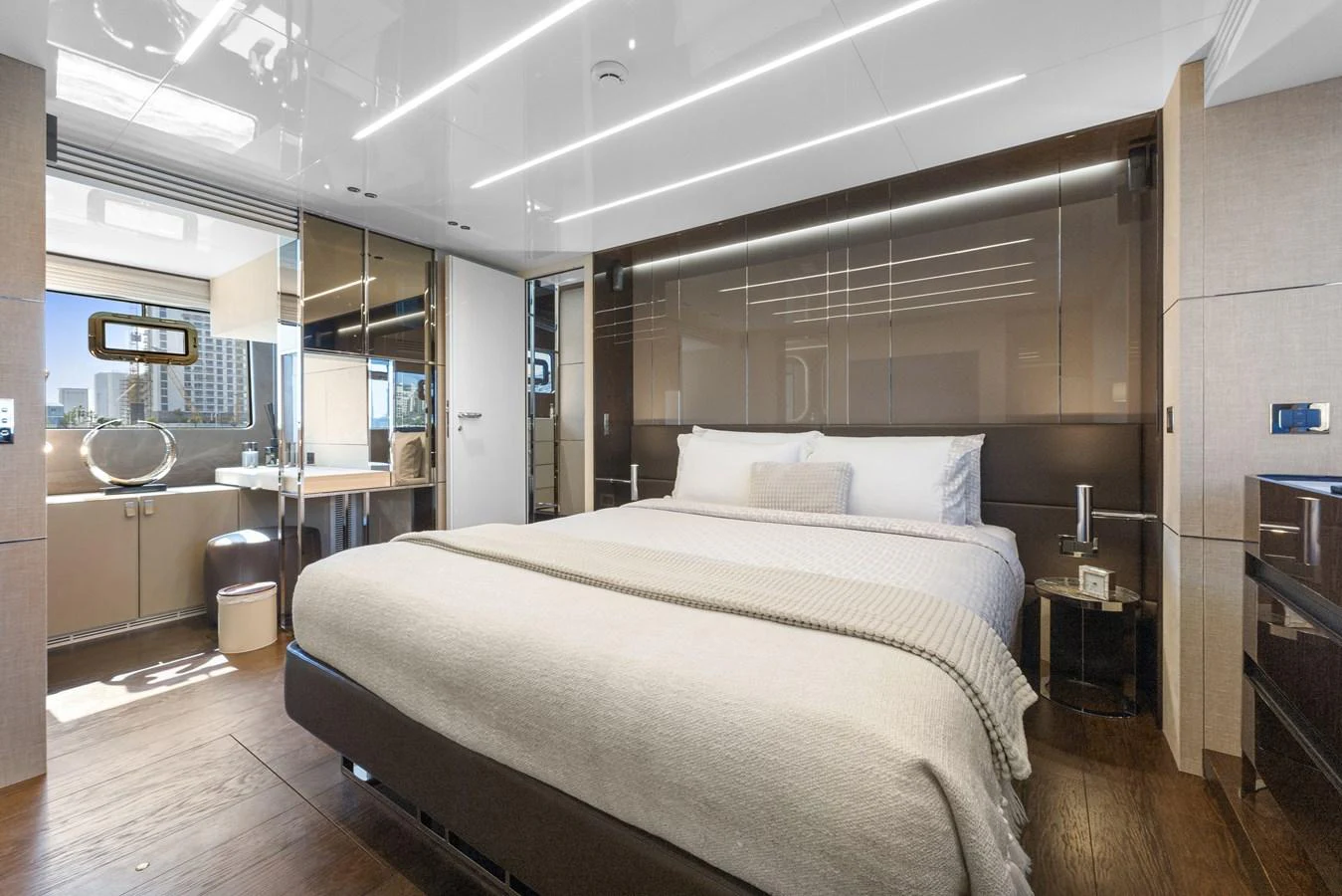 a bed in a room aboard MOSHE Yacht for Sale