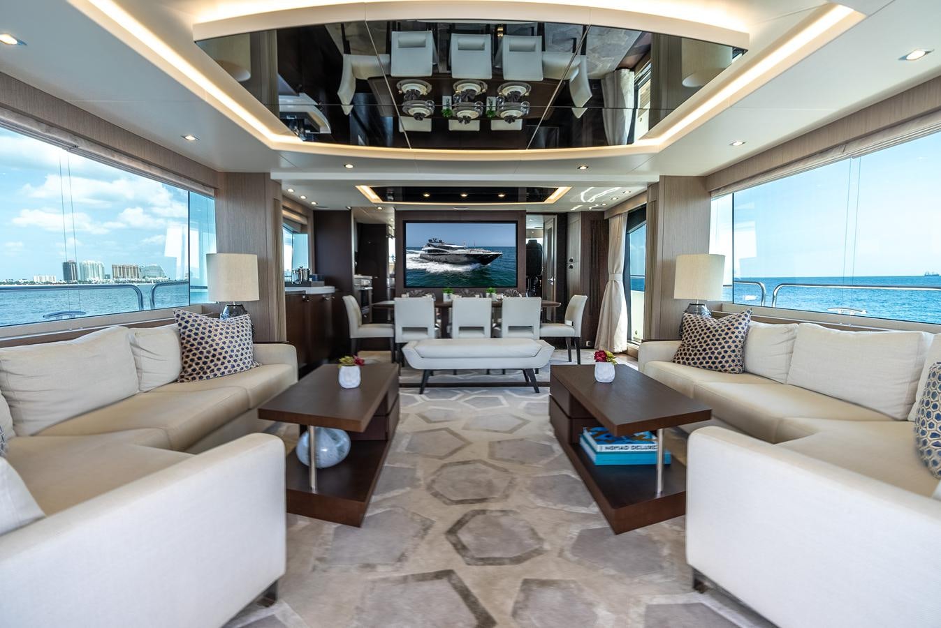 a living room with a large screen aboard F5 Yacht for Sale