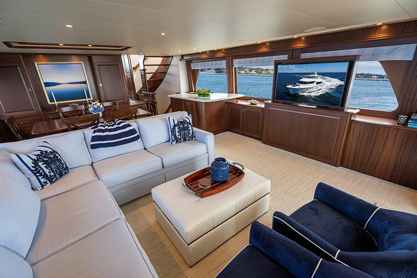 a living room with a large window aboard TRANQUILITY Yacht for Sale