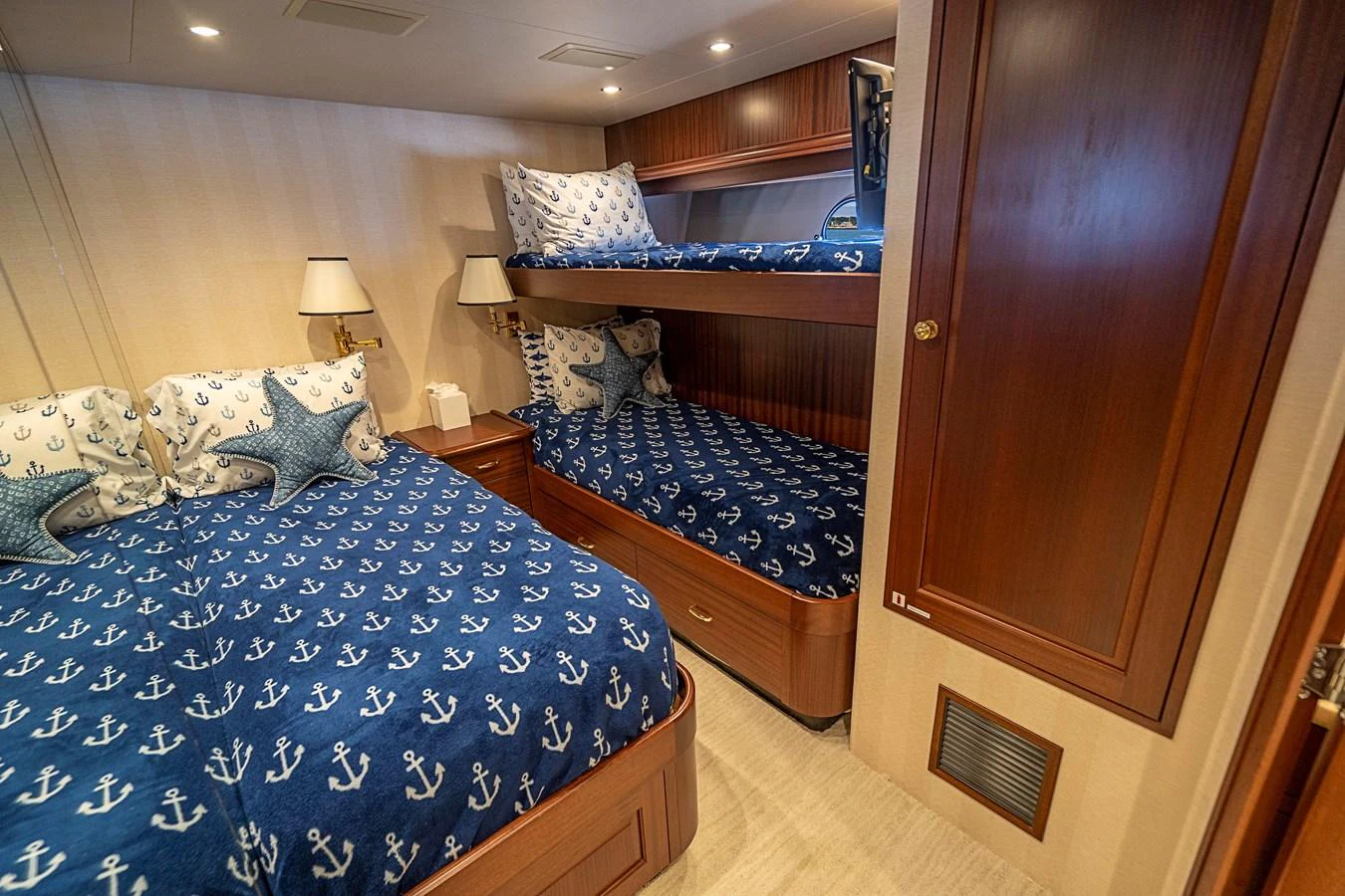 a couple of beds in a hotel room aboard TRANQUILITY Yacht for Sale