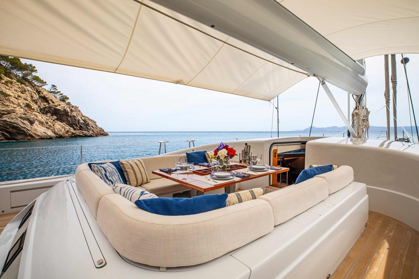 a room with a table and chairs aboard MINI Y Yacht for Sale