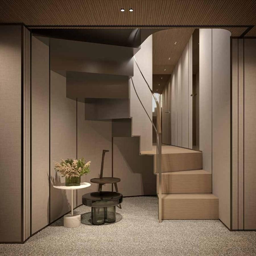 a staircase with a plant in the middle aboard 2024 SANLORENZO SP92 #16 Yacht for Sale