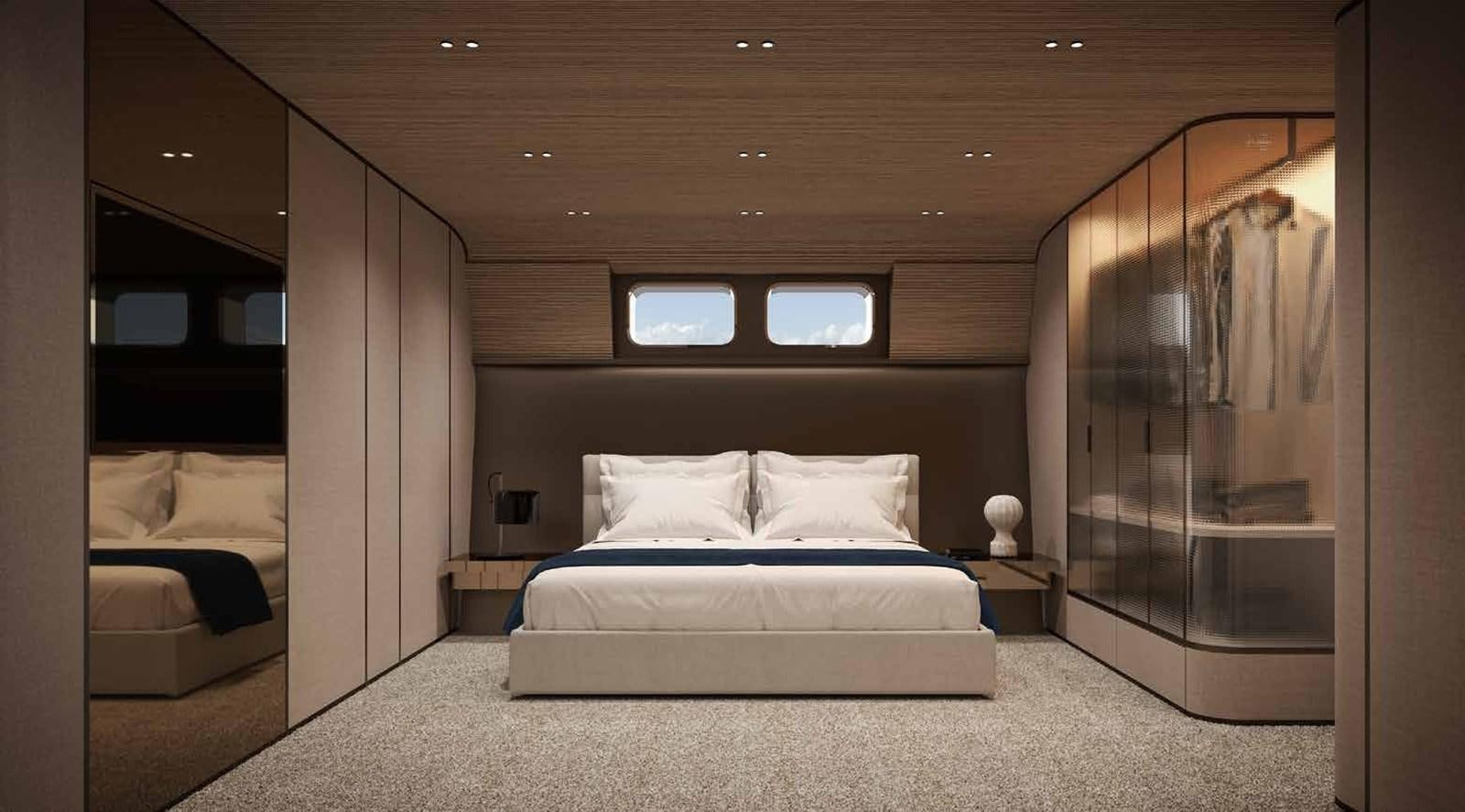 a room with a bed and a mirror aboard 2024 SANLORENZO SP92 #16 Yacht for Sale