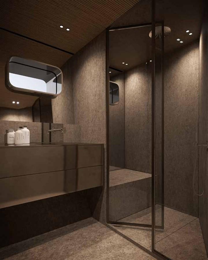 a bathroom with a glass shower aboard 2024 SANLORENZO SP92 #16 Yacht for Sale