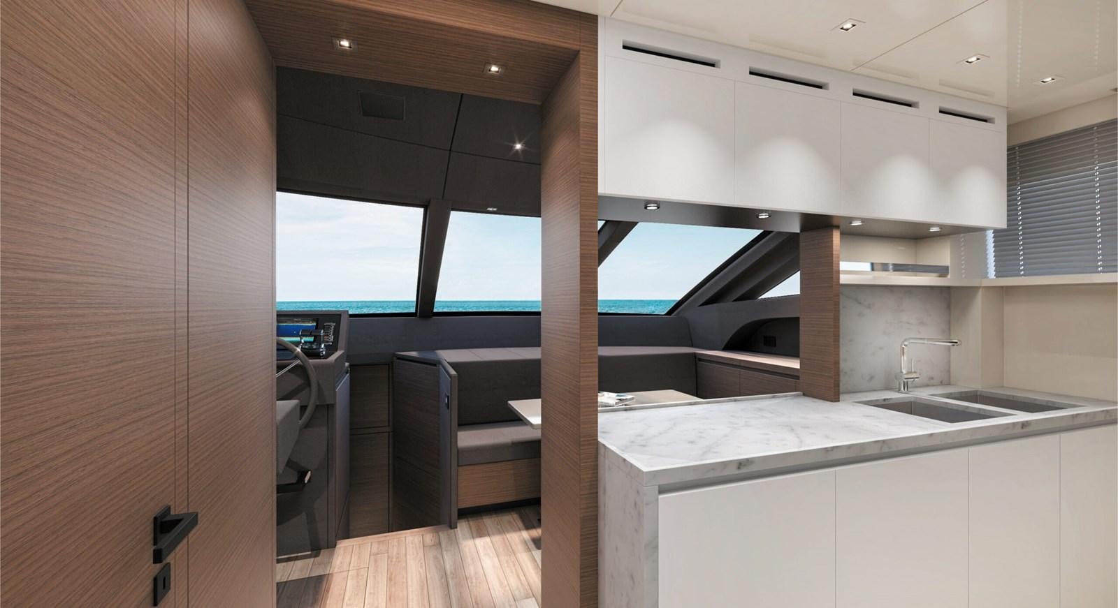 a kitchen with white cabinets aboard 2023 SANLORENZO SL86 #799 Yacht for Sale