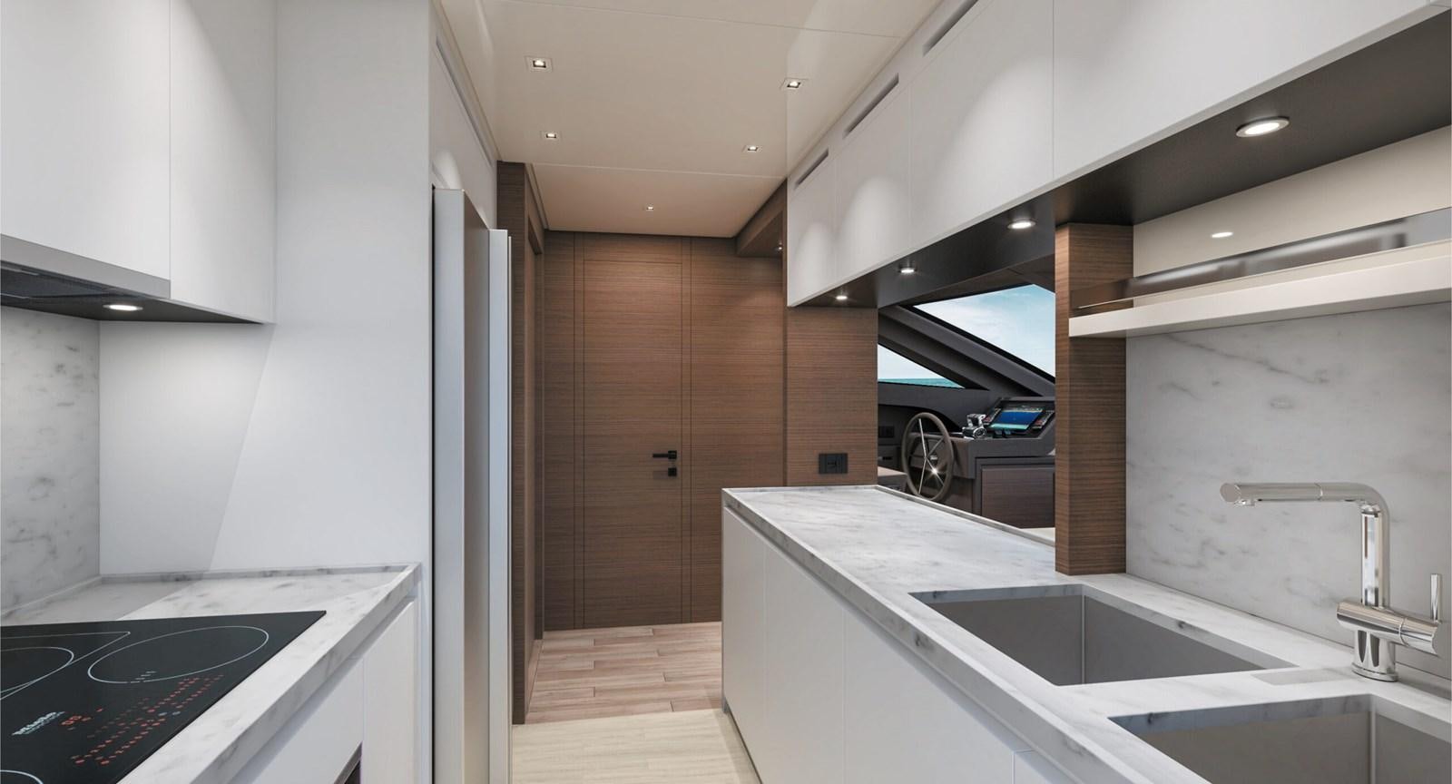 a kitchen with white cabinets aboard 2023 SANLORENZO SL86 #799 Yacht for Sale