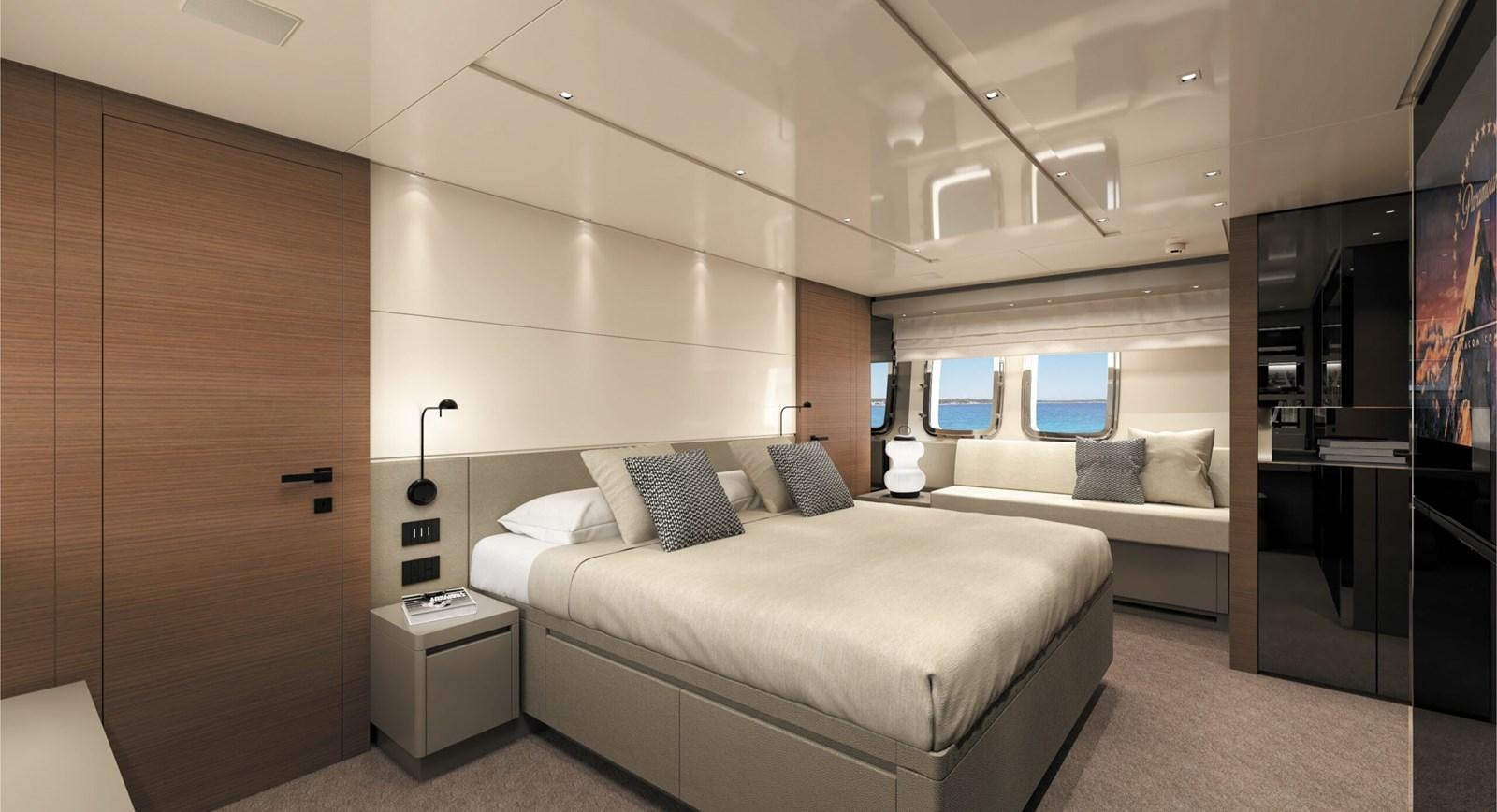 a room with a bed and a desk aboard 2023 SANLORENZO SL86 #799 Yacht for Sale
