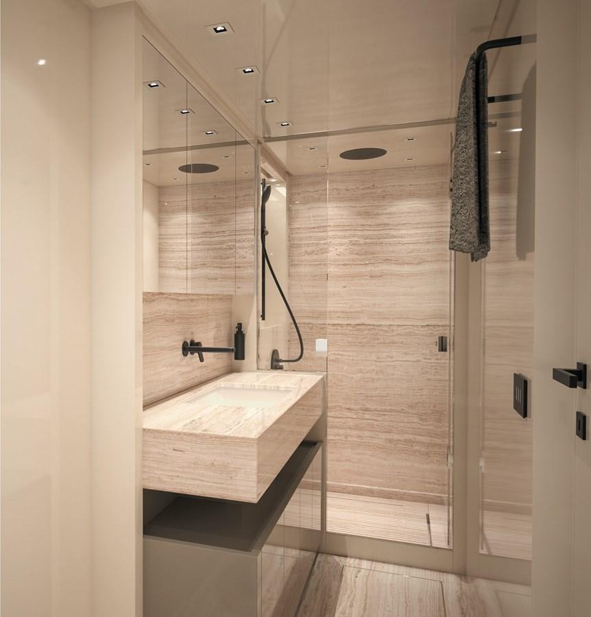 a bathroom with a sink and mirror aboard 2023 SANLORENZO SL86 #799 Yacht for Sale