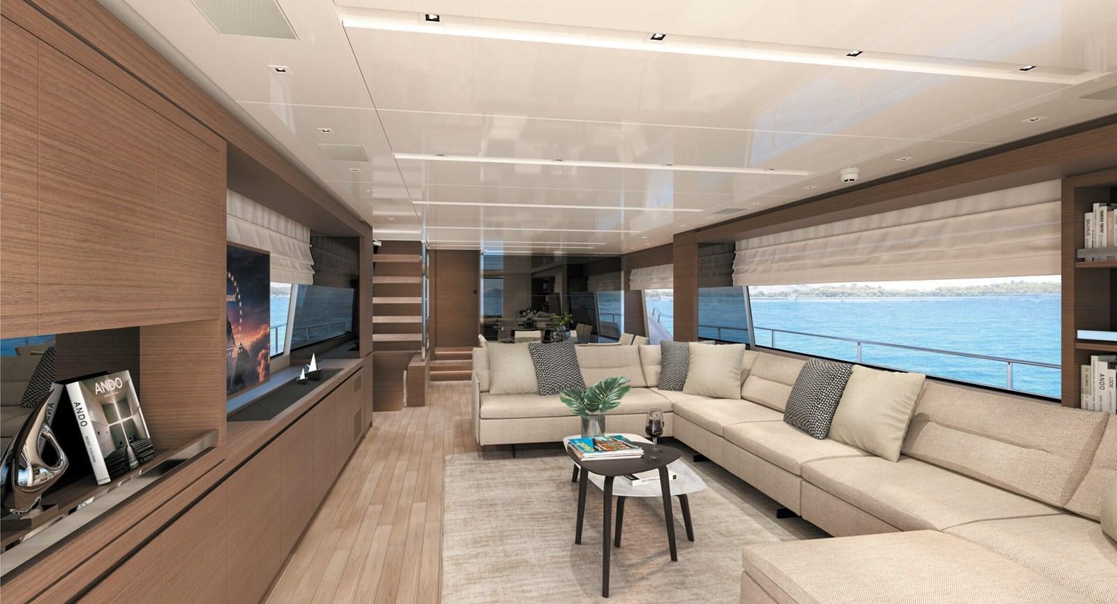 a living room with a large television aboard 2023 SANLORENZO SL86 #799 Yacht for Sale